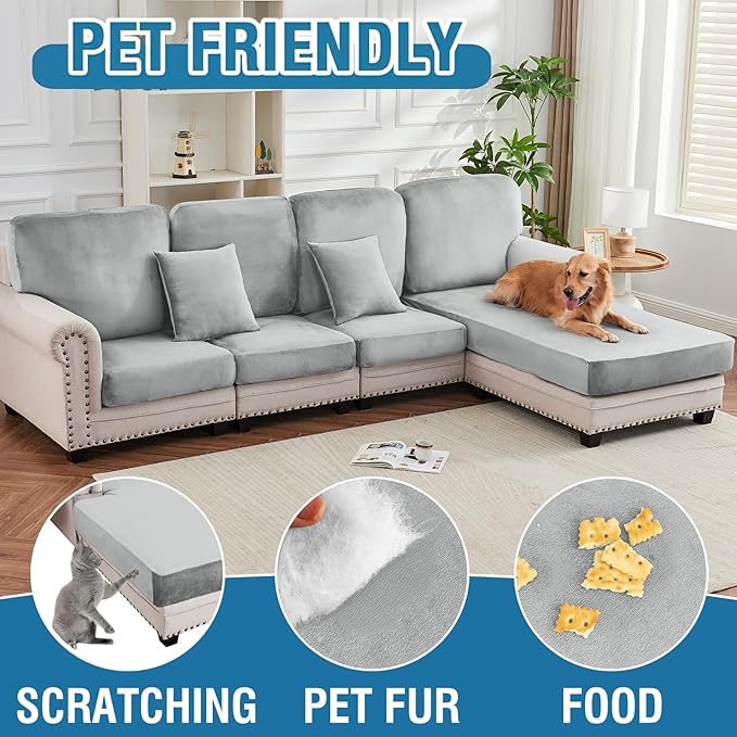 Couch Cover Velvet Chaise Cushion Cover for Sectional Sofas - Elastic L-Shaped Sofa Seat Covers Washable, Slipcover Protector (1-Piece, Light Grey)
