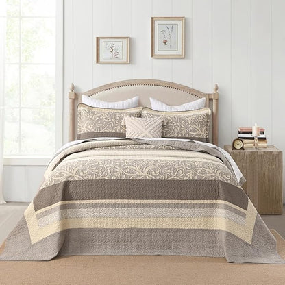 Lightweight King Bedspreads 128x120, 100% Cotton Oversized Quilt, Striped Botanical Pattern Coverlet, Reversible Farmhouse Quilted Bedding Set 3 Piece, Brown/Taupe/Cream