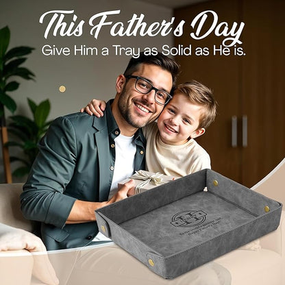 Engraved Father’s Day Leather Valet Tray – Personalized Leather Catch All with Custom Name – Men’s Valet Tray Organizer for Keys, Watches, and Jewelry – Unique Dad Gift from Daughter or Son - Grey