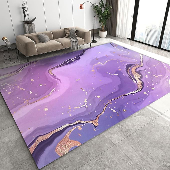 Nordic Abstract Ink Splash Purple Golden Lines Area Rug, Purple Marble Art Large Rug, Machine Washable Breathable Durable Carpet for Room Sofa Living Room Mat Bedroom Decor Floor Mat,6 x 8ft