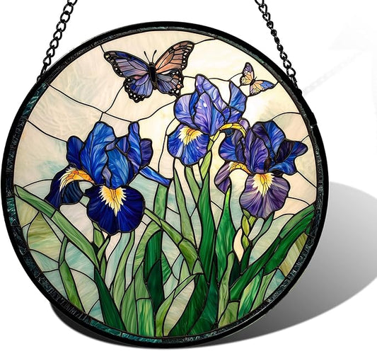 DASTOLL Stained Glass Window Hanging, Blue Purple Butterfly Flower Suncatcher Diamond Colorful Glass Panel Sun Catchers Decor for Birthday for Women, Men, Wife, Aunt, and Mom 11.8 in