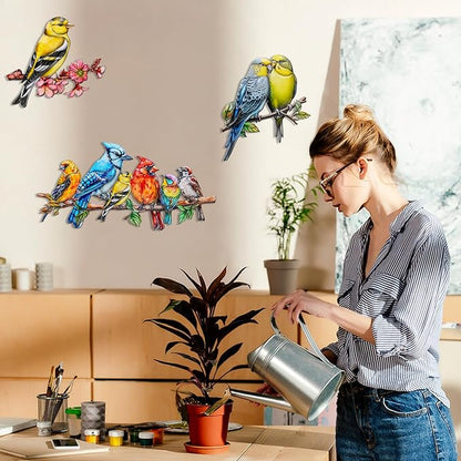 Metal Wall Art Decor Birds on Branch, 3D Colorful Bird Outdoor Hanging Wall Art Patio Fence Decorations, Hummingbird Wall Sculptures for Indoor Outdoor Garden (Birds C)