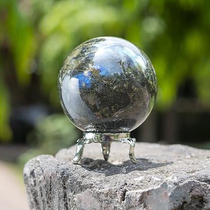 Crocon 50mm Labradorite Stone Sphere Ball with Metal Stand 1400+ Carats Gemstone Ball Healing Sphere Sculpture Figurine for Fengshui Divination Home Decoration Photography Crystal Sphere