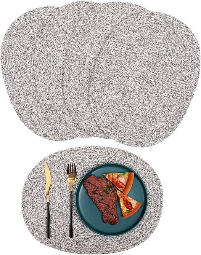 Oval Placemats Set of 4, Woven Placemats Rattan Placemats 12x16 inches Cotton Wicker Placemats Farmhouse Boho Circle Braided Heat Resistant Outdoor Placemats Patio Table Place Mats (Mix Brown)