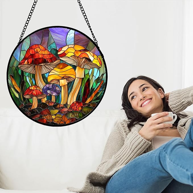 DASTOLL Stained Glass Window Hanging, Jungle Mushrooms Sun Catchers Diamond Glass Panel Hangings Plant Suncatcher Decor for Birthday for Women, Men, Wife, Aunt, and Mom 14.9x14.9 in