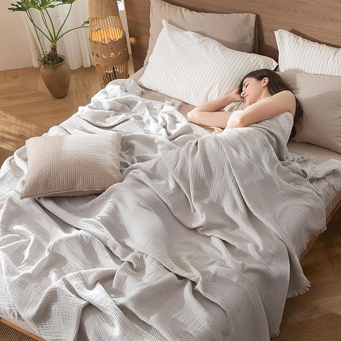 MooMee Muslin Blanket - 100% Cotton 4-Layer Gauze Throw Blanket with All-Around Fringe, Ultra-Soft Breathable Lightweight Cooling Decorative for Bed, Sofa & Couch (Light Grey,King 104" x 90")