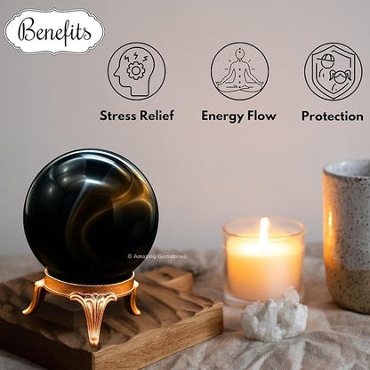 Amazing Gemstone Black Onyx Crystal Ball with Stand - 1.5" Inches Crystal Sphere Meditation Balls for Witchcraft and Decorative Balls