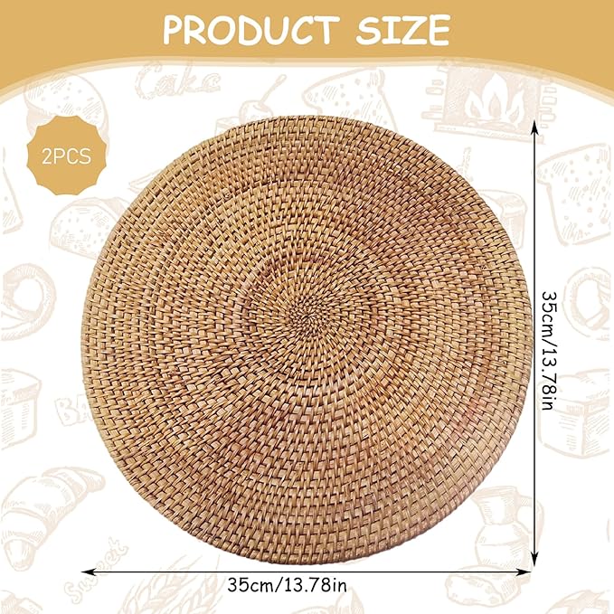 2PCS Round Rattan Placemats 14 Inch Natural Woven Boho Placemats Heat Resistant Round Woven for Indoor Outdoor Home Dining Table Supplies..