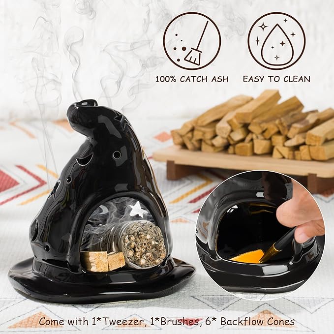 ZenBless 4 in 1 Witchcraft Supplies Ceramic Incense Holder Burner for Palo Santo, Sage, Candle and Backflow Waterfall with Free Backflow Incense Cones,Wiccan Altar Tools(tarot divination)
