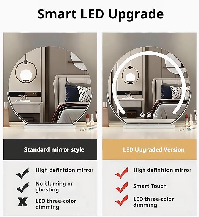 Vanity Mirror with Lights, Half Round LED Makeup Mirror with 3 Color Dimmable Touch Screen, 360° Rotating Metal Frame, Marble Base, HD Lighted Mirror for Bedroom & Dressing Table