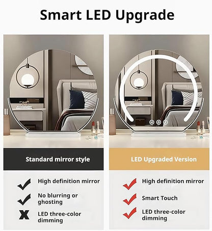 Vanity Mirror with Lights, Half Round LED Makeup Mirror with 3 Color Dimmable Touch Screen, 360° Rotating Metal Frame, Marble Base, HD Lighted Mirror for Bedroom & Dressing Table