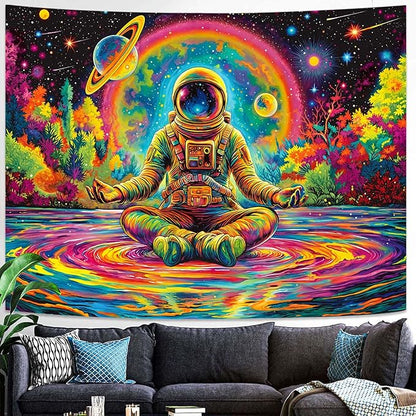 Haibimen Blacklight Astronaut Tapestry Wall Hanging Space Galaxy Travel Funny Meditation Tapestries for Bedroom Colorful Aesthetic Cool Wall Art for Guys Gamer Room Dorm Living Room (Yoga, 60''×44'')