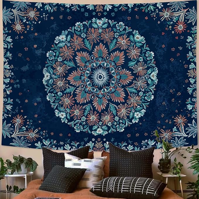 Fowocu Boho Floral Mandala Tapestry Wall Hanging Blue Bohemian Flower Medallion Tapestry Aesthetic Vintage Navy Hippie Indian Large Tapestries for Bedroom Living Room Dorm Decor 80 x 60 Inch