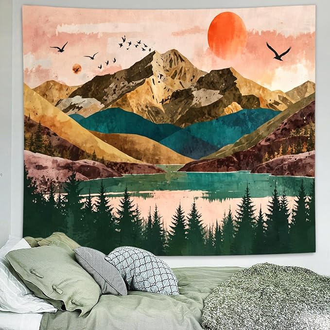Delur Mountain Tapestry Boho Sunset Nature Forest Tree Tapestry Wall Hanging Sunrise River Lake Landscape Psychedelic Headboard for Bedroom Living Room Home Decor (59.1" x 78.7")