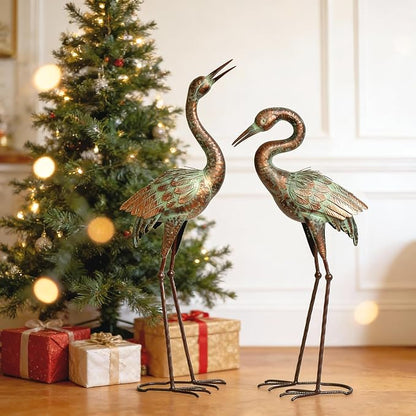 Shorayn Garden Crane Statues, Blue Heron Sculptures for Outdoor, Cranes Decor Metal Bird, Patina Garden Art Lawn Ornaments for Yard Patio Porch Outside Decorations