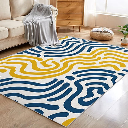 7x9 Abstract Wavy Line Rugs for Bedroom Decor, Washable Yellow Blue Lines Pattern Area Rug, Living Room Home Decoration, Non Slip Soft Thin, Abstract Art Decor Carpet PF-P 56