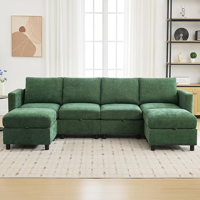 25”Square Storage Ottoman Module for Modular Sectional Sofa, Living Room Coffee Table Sectional Ottoman Footrest for Convertible Couch, Chenille Dark Green