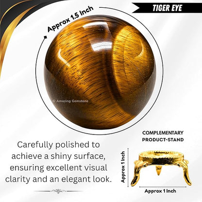 Amazing Gemstone Tiger Eye Crystal Ball with Stand - 1.5 Inches Crystal Sphere Meditation Balls for Witchcraft and Decorative Balls