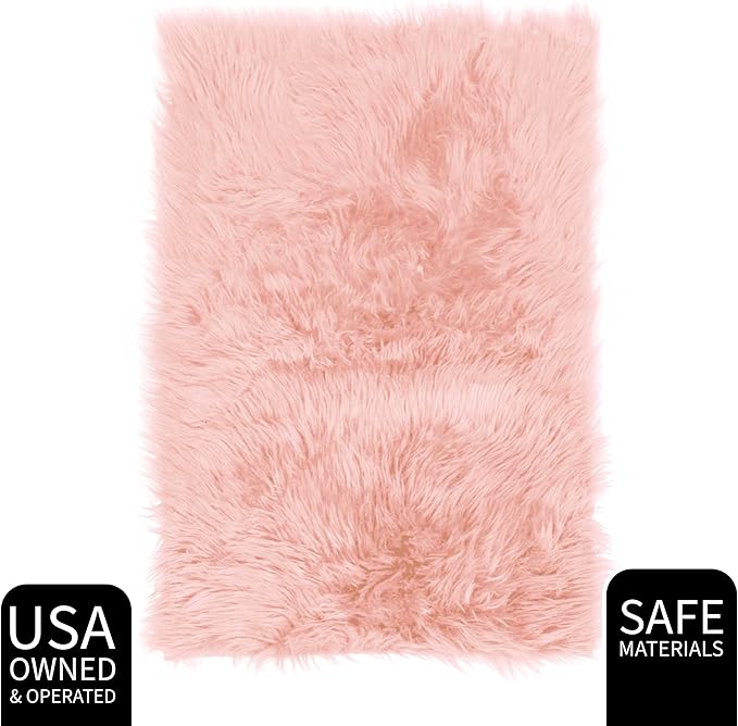 Super Area Rugs Pink Fluffy Rug - Faux Sheepskin Rug, Light Pink 2 x 3 Feet Carpet for Bedroom Living Room