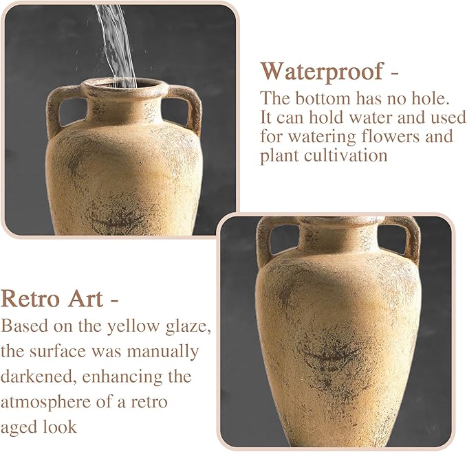 Ceramic Vintage Vases for Flower, 8.85 inch Rustic Vase with Handle, Tall Terracotta Christmas Farmhouse Vase for Home Decor, Living Room Shelf Decor, Enterway, Table, Lyeec