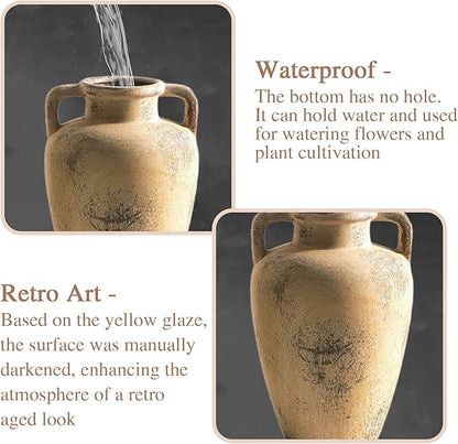 Ceramic Vintage Vases for Flower, 8.85 inch Rustic Vase with Handle, Tall Terracotta Christmas Farmhouse Vase for Home Decor, Living Room Shelf Decor, Enterway, Table, Lyeec