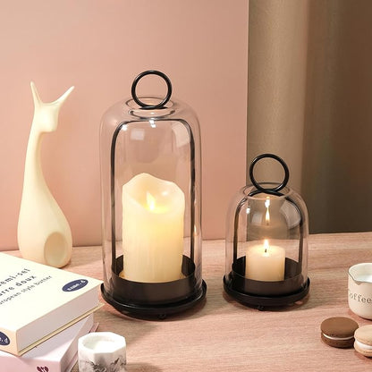 6" & 4" Wide Versatile Modern Metal Hurricane Lantern with Handmade Sturdy Glass Dome in Black for Pillar Candle & Plants, for Living Room, Porch, Mantel Decoration (Black, 4"x7.5" &6.3"x11.2")