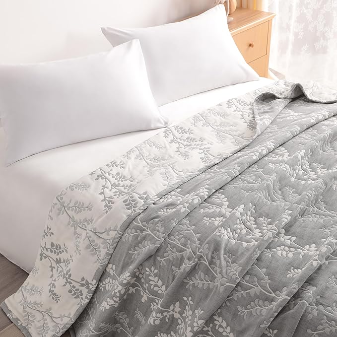 NTBAY 3 Layers Cotton Muslin 88x92 Queen Bed Blanket, Super Soft Breathable Thermal Yarn Dyed Quilt for Adults, Perfect Lightweight Blanket for Couch Sofa Bed All Seasons, Grey Tree