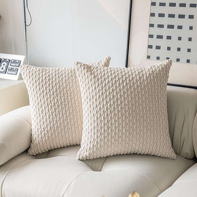 Kevin Textile Pillow Covers Decorative Set of 2 Striped Corduroy Plush Velvet Christma Pillowcases Cushion Cover for Couch 16x16 Inch Cream