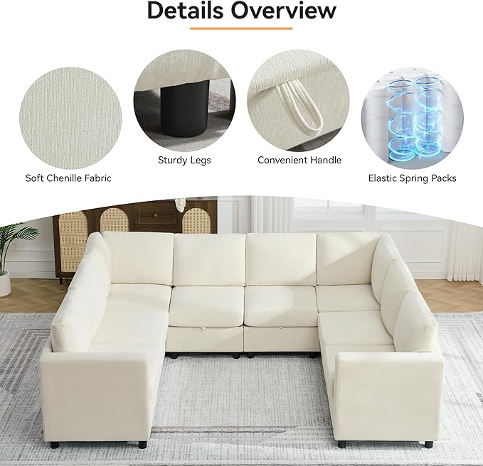 104'' U Shaped Modular Sofa, Sectional Couches with Storage for Living Room, Oversized 8 Seater Cloud Sectional Couch, Chenille Beige