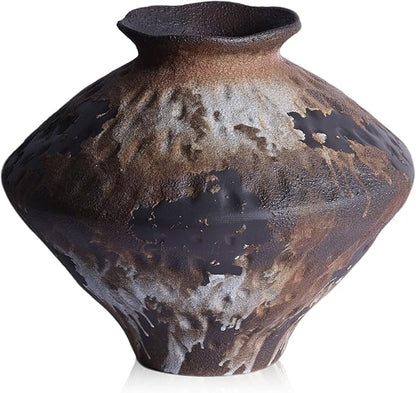 Wabi Sabi Rusty Vintage Vase, 11.4" Tall Wabi Sabi Decor Rustic Farmhouse Pottery Vase for Centerpiece, Textured Pottery Flower Vases for Home Decorative, Table, Living Room (Black Brown, Large)