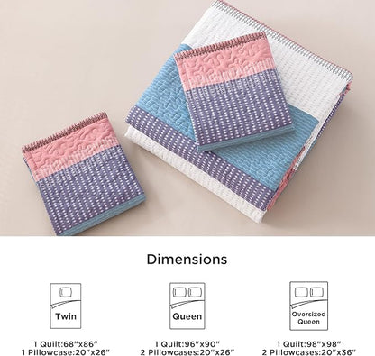 Litanika Twin Quilt Set Purple, Blue and White, 68x86 Stripe Bedspread Coverlet 2 Pieces, Pink Lightweight Quilted Bedding Set for All Season(Twin-1 Quilt, 1 Pillowcase)