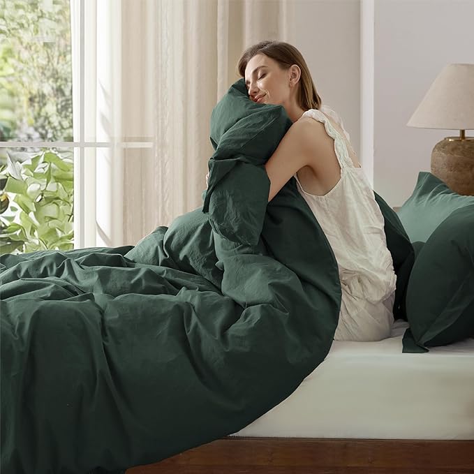 Bedsure 100% Washed Cotton Duvet Cover Queen Size - Forest Green Minimalist Cotton Duvet Cover Linen Like for All Seasons - GentleSoft™ Plain Simple Bedding (Forest Green, Queen, 90"x90")