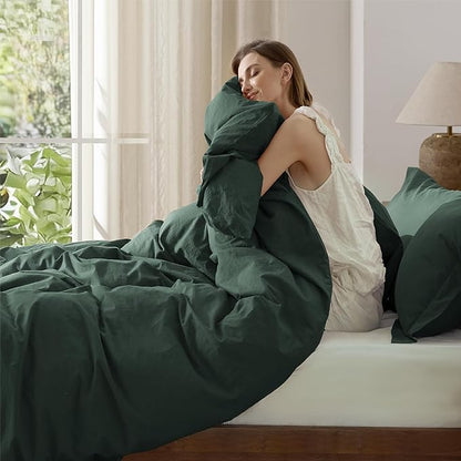 Bedsure 100% Washed Cotton Duvet Cover Queen Size - Forest Green Minimalist Cotton Duvet Cover Linen Like for All Seasons - GentleSoft™ Plain Simple Bedding (Forest Green, Queen, 90"x90")