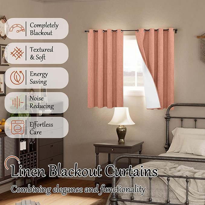 Lajode Terracotta Linen Blackout Curtains 54 Inch Long 2 Panels for Bedroom, Thermal Insulated Total Light Blocking Noise Reducing Window Curtains for Farmhouse Living Room, Each 52x54 Inch 2 Panels