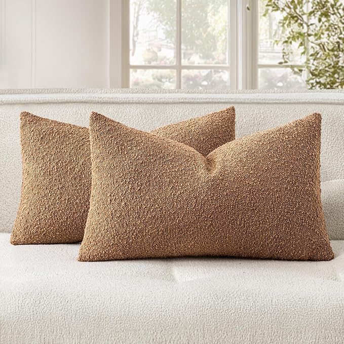 Woaboy Pack of 2 12x20 Inch Decorative Boucle Throw Pillow Covers Textured Lumbar Pillowcaes Accent Solid Cozy Soft Cushion Covers Home Decor for Sofa Couch Living Room Home Decor,Brown