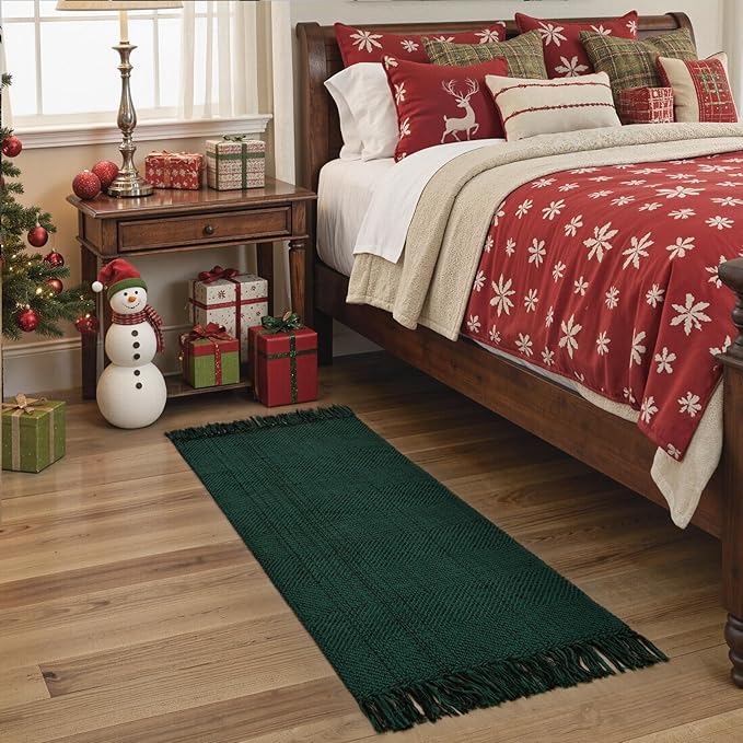 Collive Christmas Kitchen Rugs Washable, 2' x 4.3' Green Hand-Woven Farmhouse Bathroom Mats, Low File Front Door Rug Boho Reversible Bedroom Runner Carpet for Entryway Foyer Home Decor