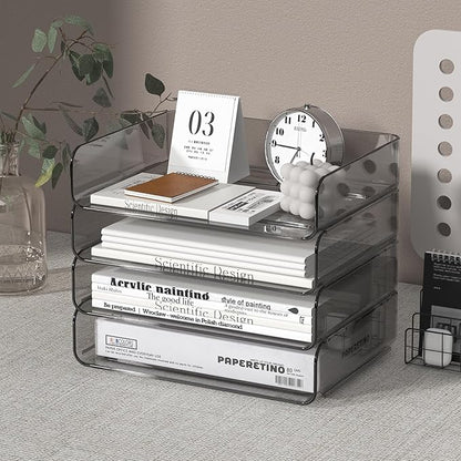 4-Tier Acrylic Paper Tray Organizer - Low-Profile Desk File Sorter for Office/Home, Brown Stackable Letter Tray for Bills, Crafts, Notebooks