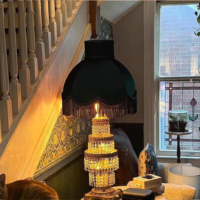 Caramel-colored velvet fringe lampshade 7.8" Top x 17.7" Bottom x 13.4" High x 15 Slant"- Large Dome with Scalloped Edge & Fringe Tassels, for Table/Floor Lamps (1, Dark green, Large)