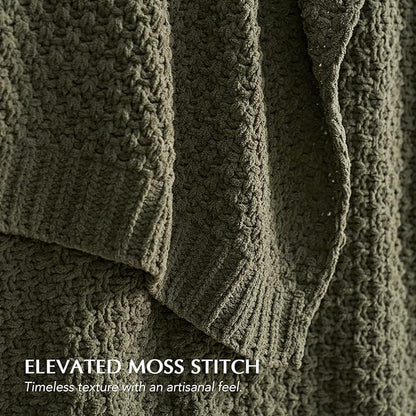 EVERGRACEHOME Chunky Chenille Knit Throw Blanket for Couch, Soft Luxurious Moss Stitch Blankets for Bed, Cozy Decorative Farmhouse Knitted Throws for Sofa, Olive Green, 60" x 80"