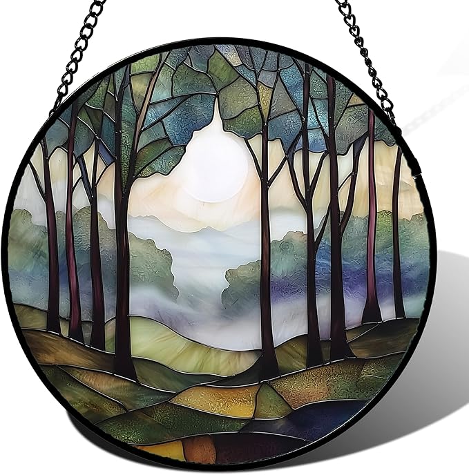 Stained Glass Window Hanging, Green Brown Smoke Forest Moon Suncatcher for Doors Window Home Tree Sun Catchers Decor Mother's Day Birthday Gifts for Women, Men Mom 9.8 in