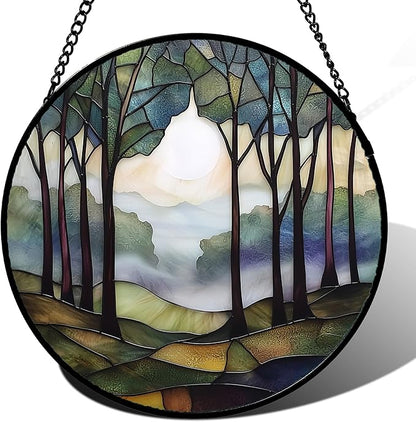 Stained Glass Window Hanging, Green Brown Smoke Forest Moon Suncatcher for Doors Window Home Tree Sun Catchers Decor Mother's Day Birthday Gifts for Women, Men Mom 9.8 in