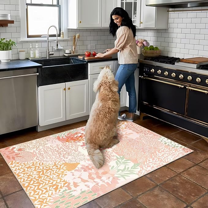 DEXDE Washable Area Rug 3x5 for Living Room, Abstract Small Boho Rugs Non Slip Soft Kids Room,Vintage Leaves Floral Carpet for Bedroom Entryway Kitchen Office Dining Room, Pink