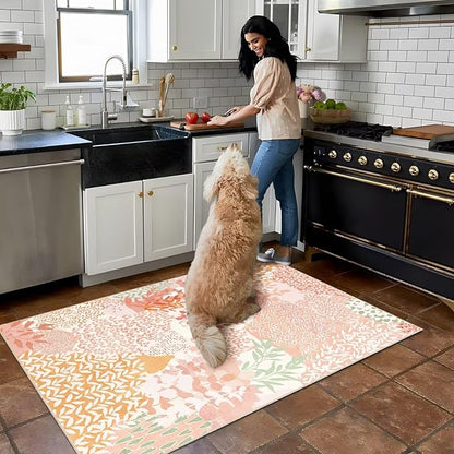 DEXDE Washable Area Rug 3x5 for Living Room, Abstract Small Boho Rugs Non Slip Soft Kids Room,Vintage Leaves Floral Carpet for Bedroom Entryway Kitchen Office Dining Room, Pink