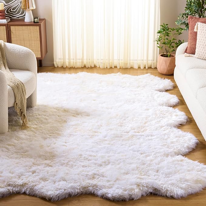 SAFAVIEH Sheep Skin Collection Area Rug - 9' x 12', Natural & White, Handmade Rustic Glam Genuine Pelt, 3.4-inch Thick Ideal for High Traffic Areas in Living Room, Bedroom (SHS211A)