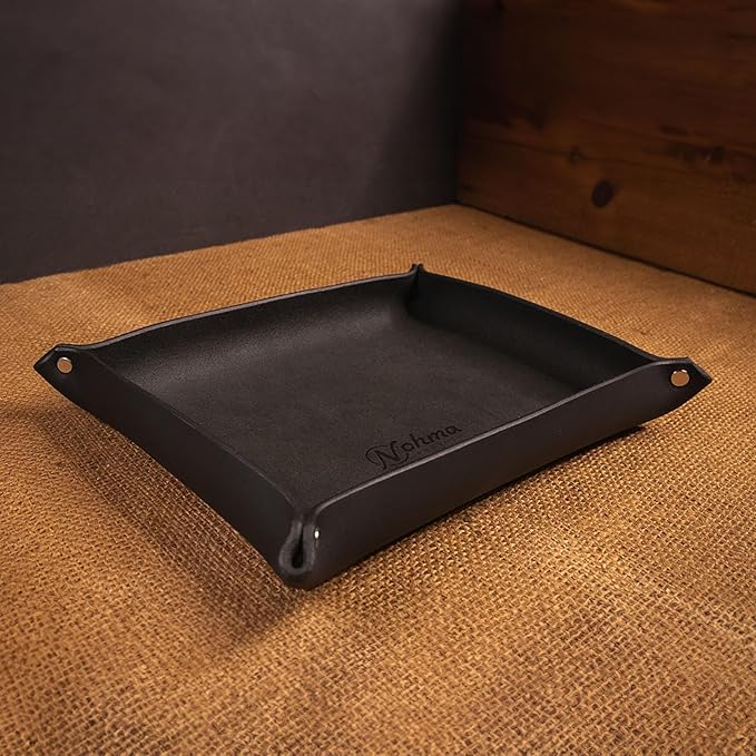 Valet Tray – Full-Grain Leather Catchall Organizer for Keys, Phone & Wallet – Rustic Nightstand & Desk Tray with Raised Sides – Handmade in USA (Black, Medium Rectangle)