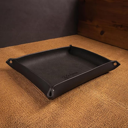 Valet Tray – Full-Grain Leather Catchall Organizer for Keys, Phone & Wallet – Rustic Nightstand & Desk Tray with Raised Sides – Handmade in USA (Black, Medium Rectangle)