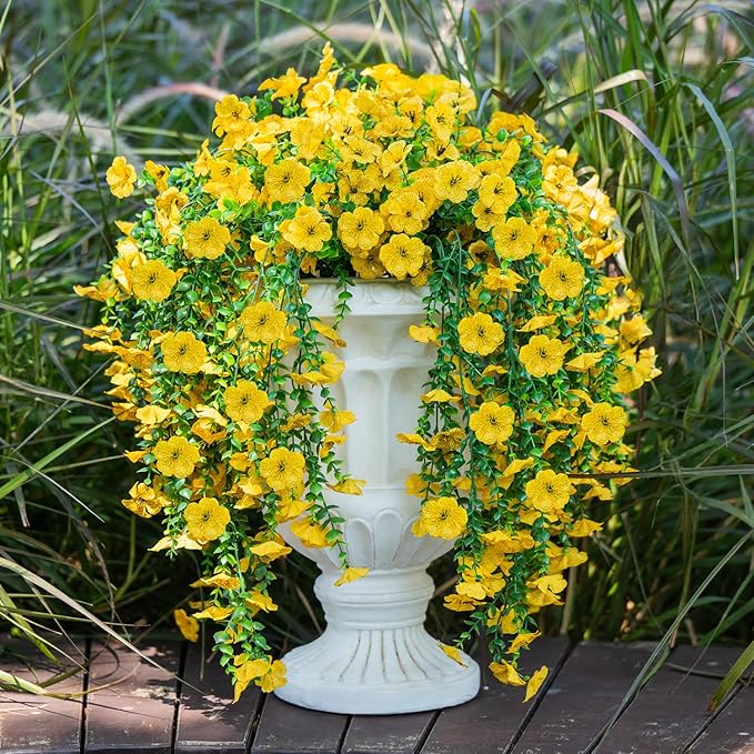 2 PCS Artificial Hanging Fall Flowers for Outdoors Decorations, Yellow Realistic Faux Silk Daisy with Eucalyptus, UV Resistant Fake Mums for Autumn Home Decor Patio Porch Window Box Front Door