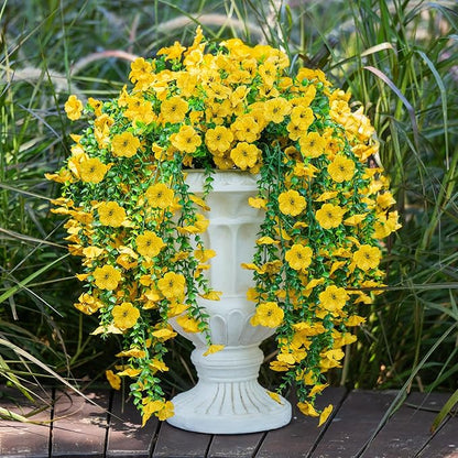 2 PCS Artificial Hanging Fall Flowers for Outdoors Decorations, Yellow Realistic Faux Silk Daisy with Eucalyptus, UV Resistant Fake Mums for Autumn Home Decor Patio Porch Window Box Front Door