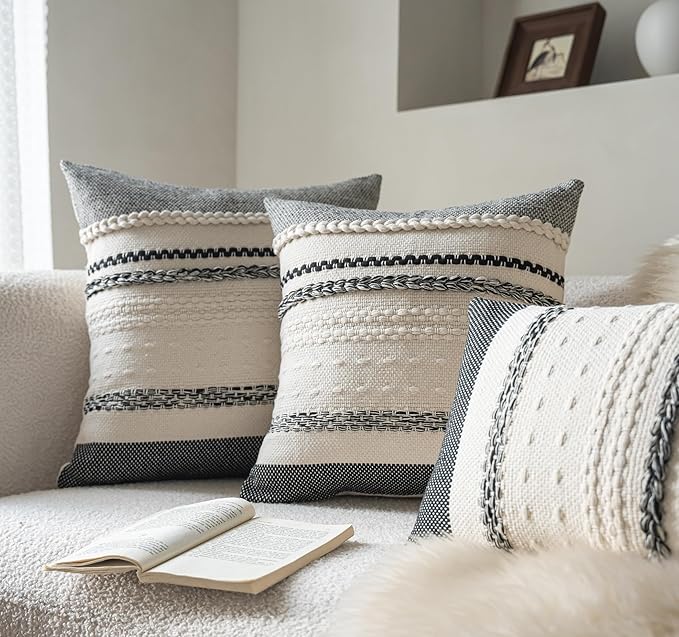Boho Throw Pillow Covers 20x20 Inch Set of 2, Black Textured Decorative Couch Pillow Cases for Farmhouse Home Decor, Accent Cushion Cover for Sofa, Bed, Living Room, Bedroom