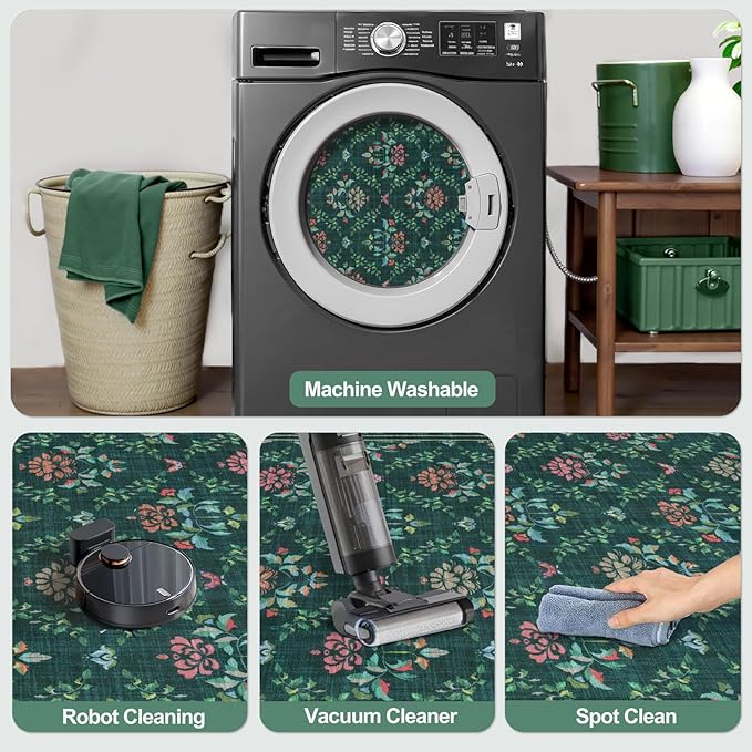 Tangsoo 2x6 Washable Runner Rug for Hallways, Non Slip Green Floral Carpet Runner, Soft Low Pile Floor Carpet Runner for Kitchen, Laundry, Bedroom, Bathroom, Living Room Home Decor